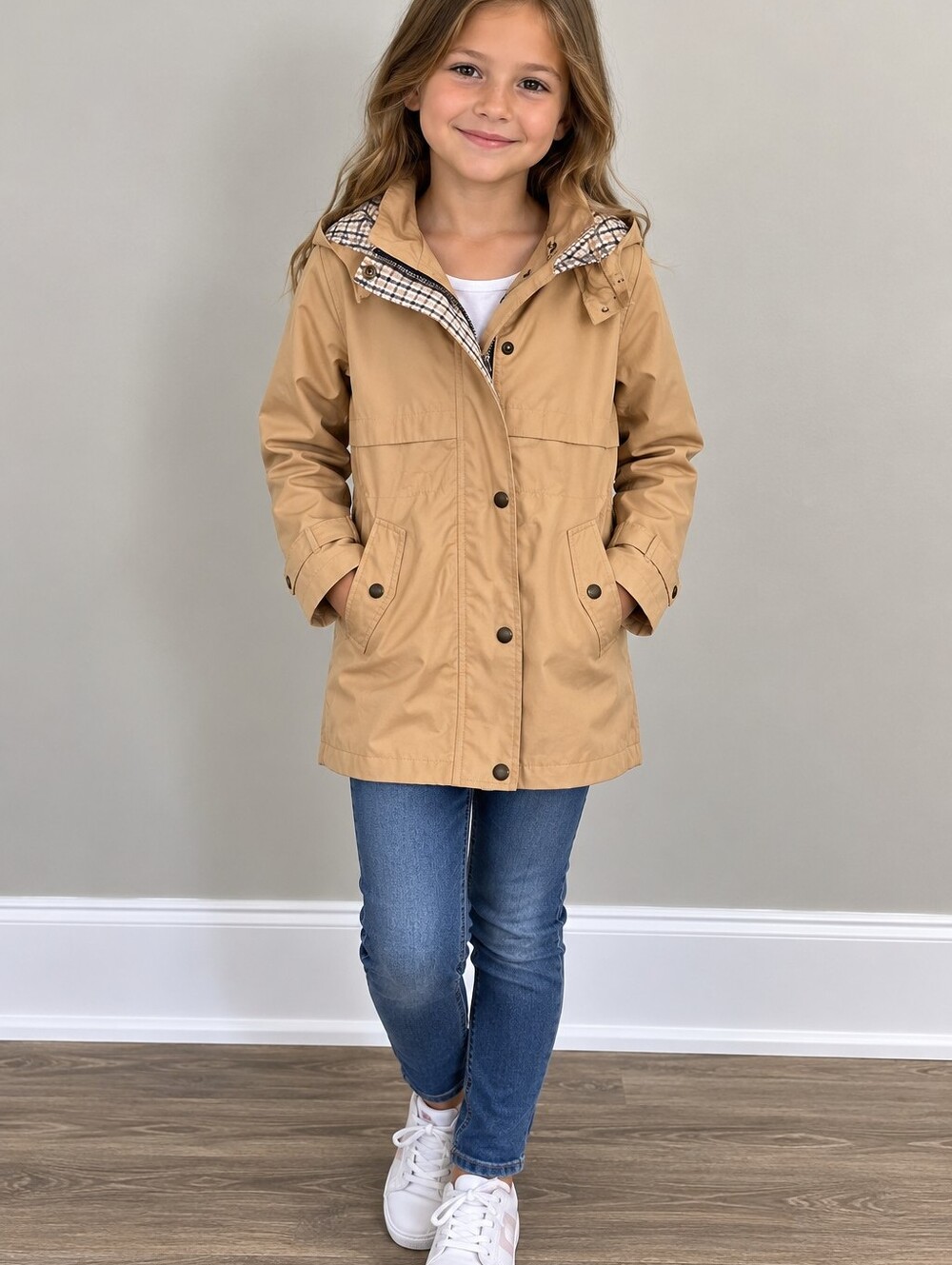 Zara Kids Tan Hooded Parka Jacket with Plaid Lining